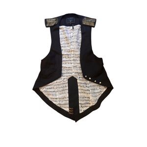 RARE Guess 1981 Black Musical Print Epaulets Gold-Tone Buttons Tailcoat Vest